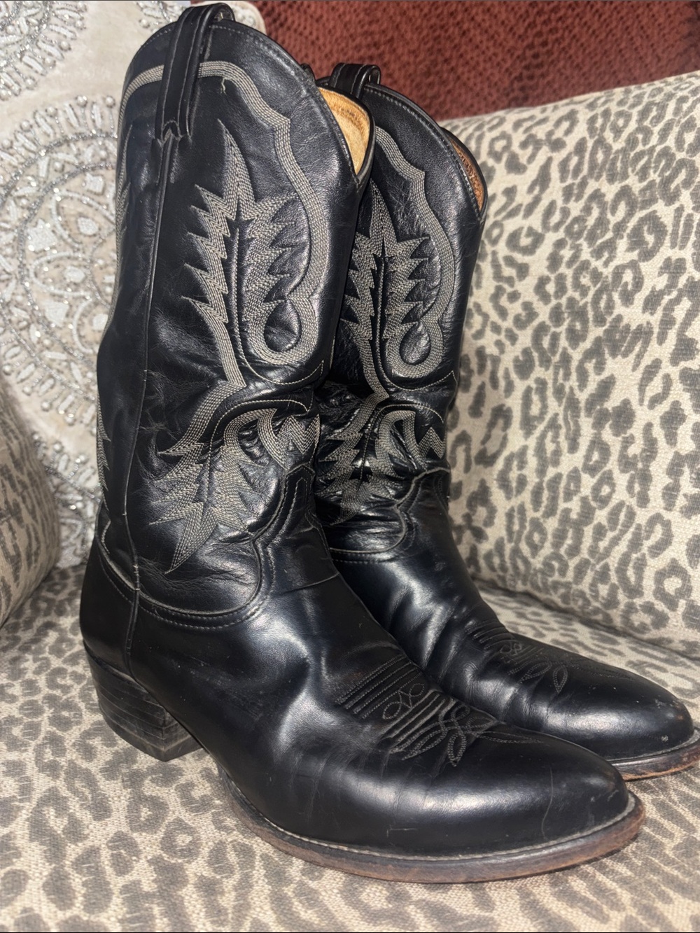 Tony Lama black leather cowboy boots classic western riding boots men’s 10.5